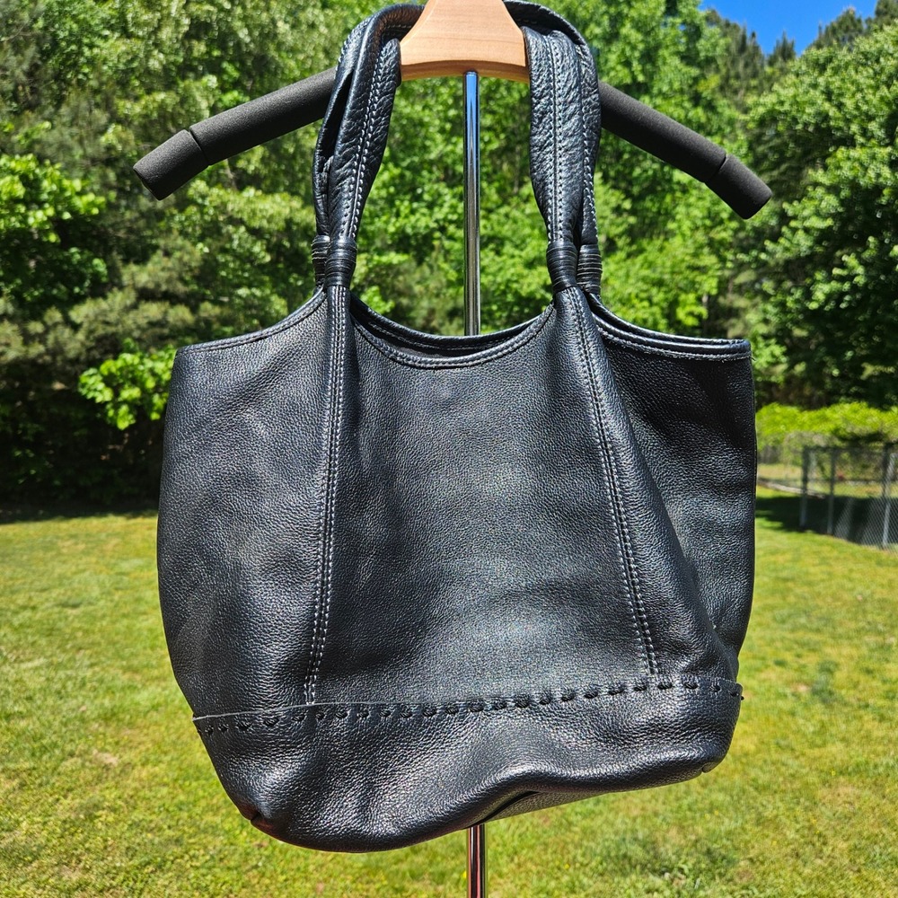 The Sak Black Pebbled Leather Hobo Tote Shoulder Bag Whipstitch Detail Large